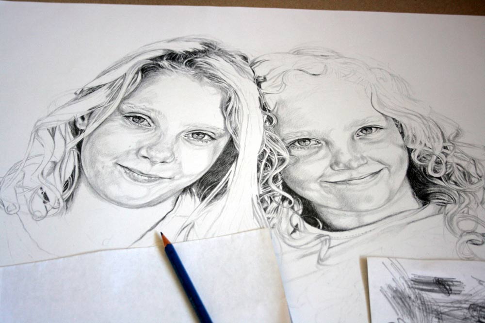 Pencil drawing progress for a children's portrait by Peter Strobos.