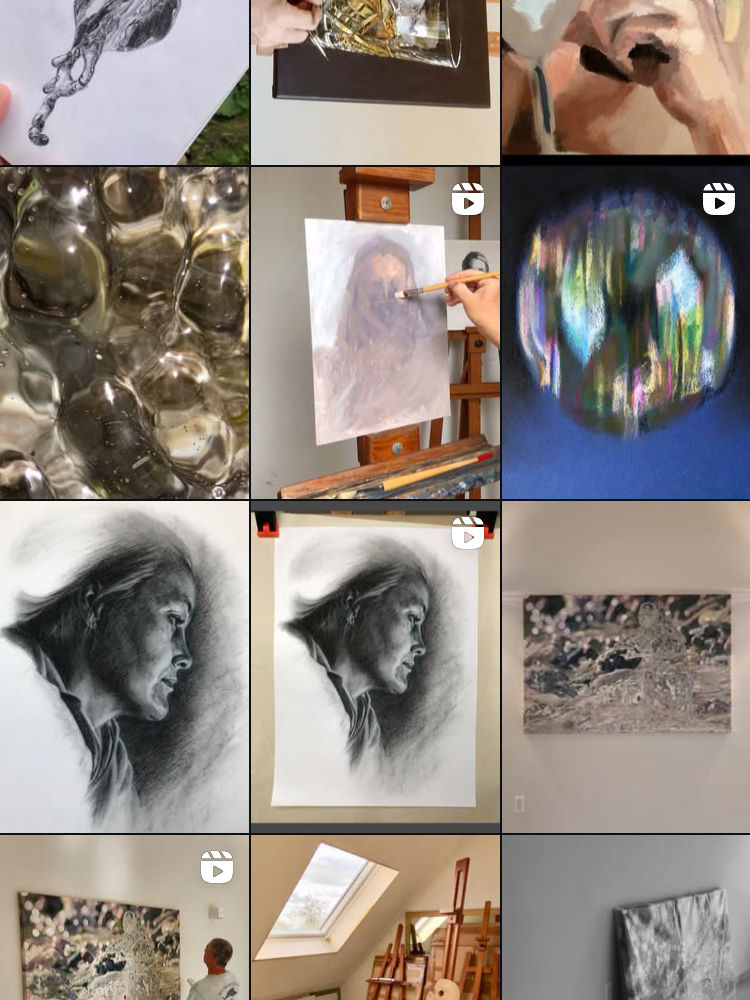 Picture grid of assorted artwork posts and reels on Instagram.