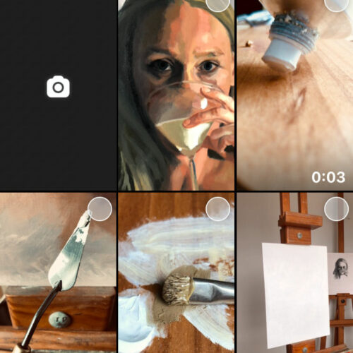 Media gallery displaying artwork, materials and painting tools in the studio.