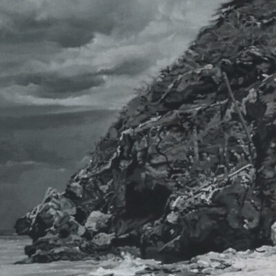 Closeup rocky shoreline detail of monochrome seascape painting, Sapphire by Peter Strobos.