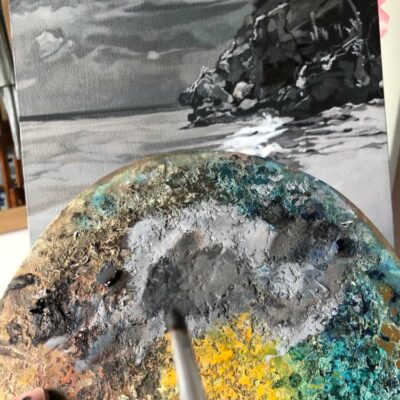 View of colour palette with early painting snapshot of monochrome seascape painting, Sapphire by Peter Strobos.